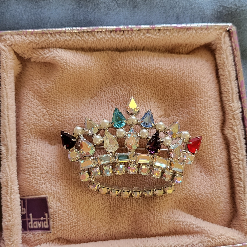 B David Crown Brooch with Multicolor Gems